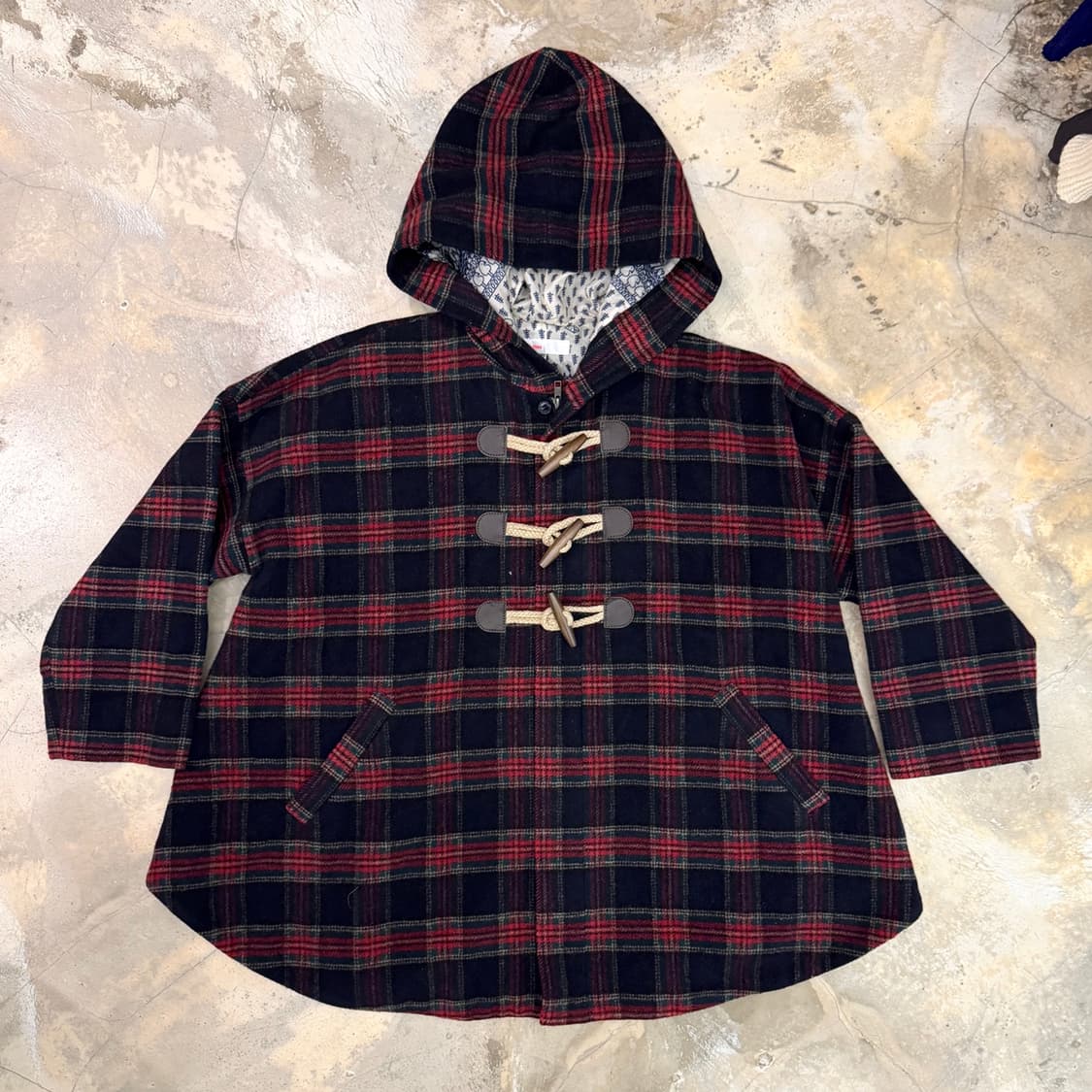 네넷 후드 더플 체크 코트 네이비/레드 상품이미지1