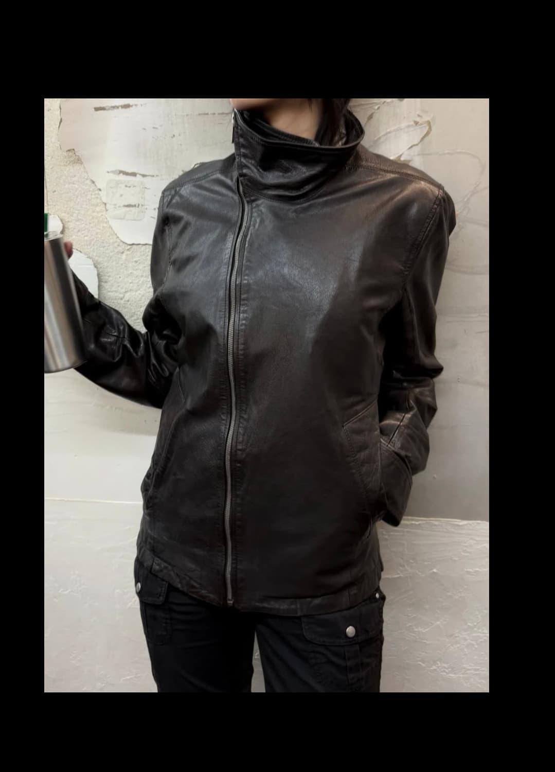 릭오웬스맛) 하이넥 사선 레더 자켓 상품이미지1