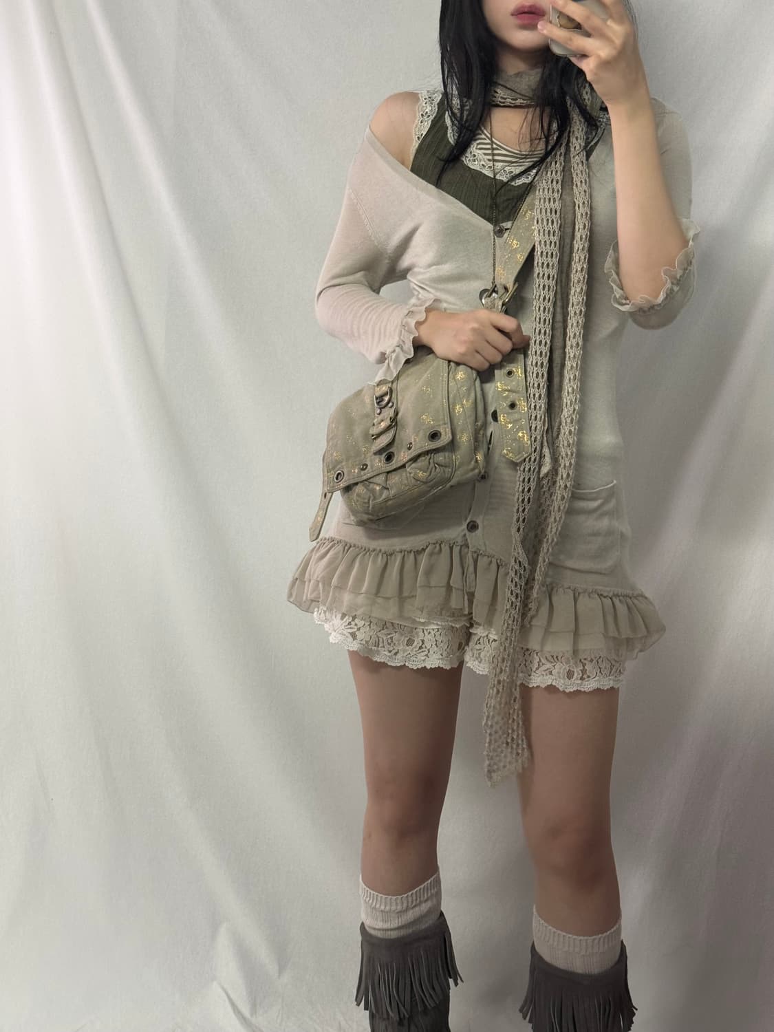페어리 러플 가디건 레이스 셔링 슬리브리스 3pcs SET 상품이미지4