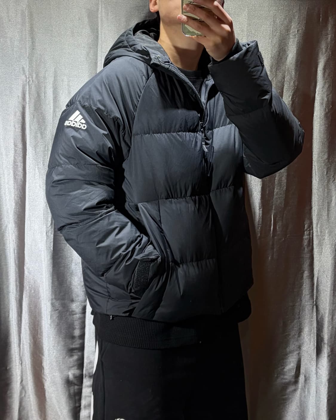 L 아디다스 삼선로고 블랙 후디 패딩 상품이미지1