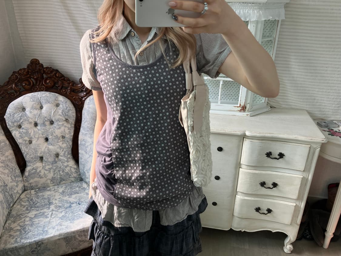 Set) 도트 셔링 레이어드 원피스 + 모리 스트라이프 셔츠 상품이미지2