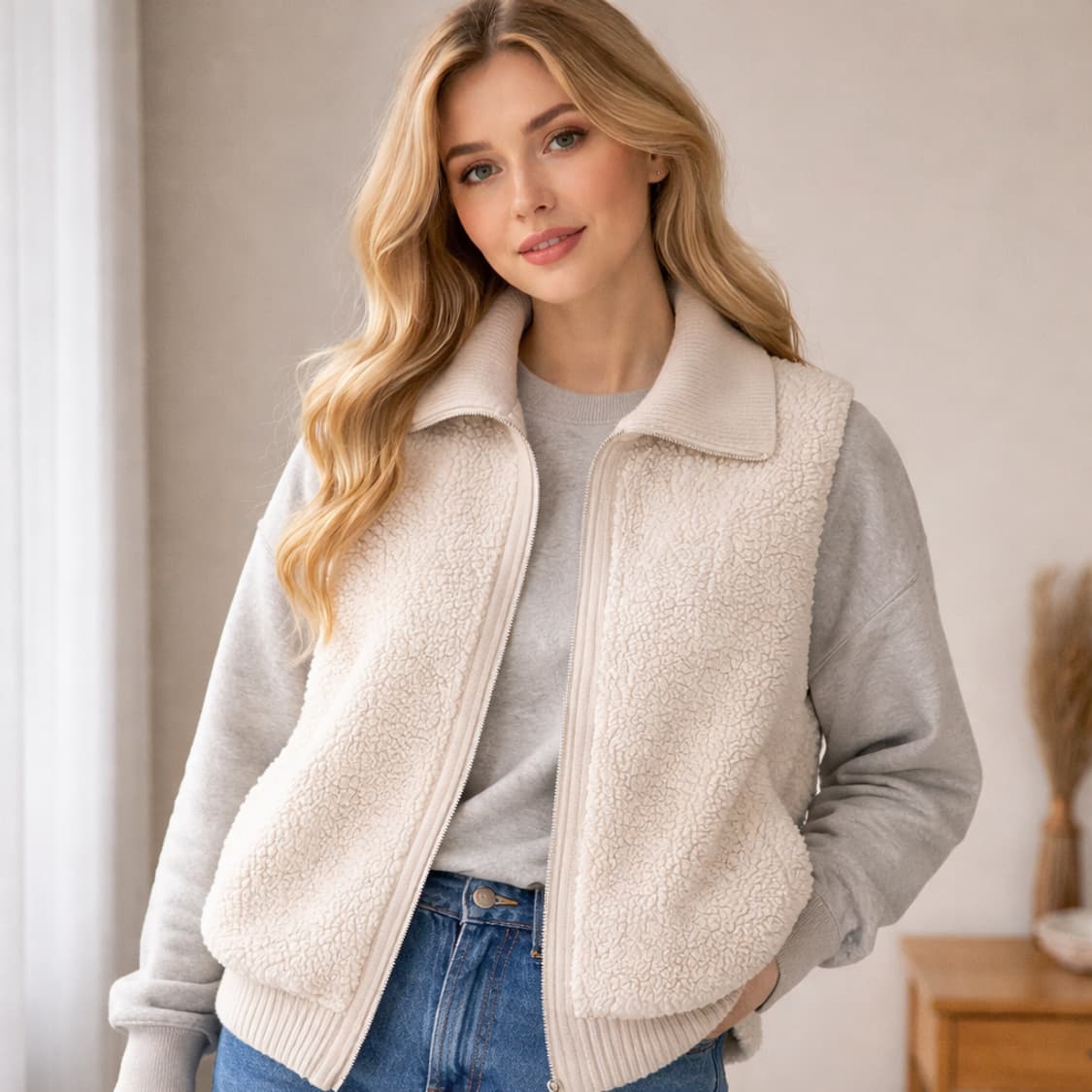 룸나인 ROOM9 아이보리 뽀글이 니트카라 집업베스트조끼 밑단시보리 66 상품이미지1