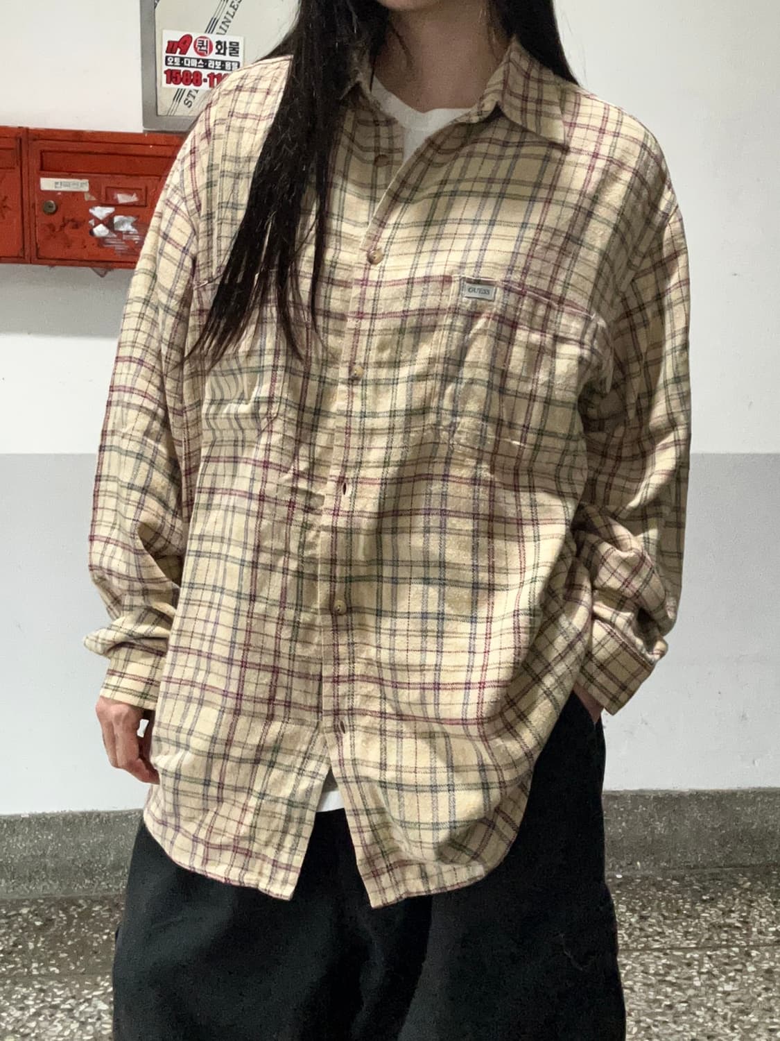 90s GUESS 베이지 체크플란넬 셔츠 상품이미지2