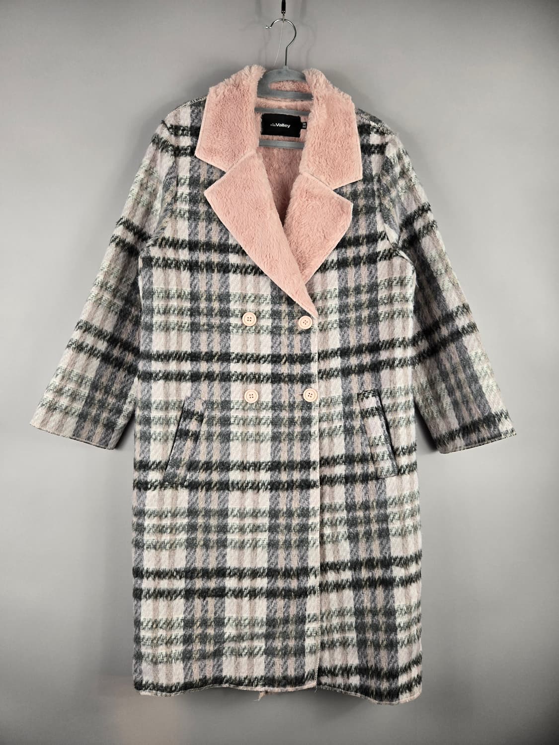 [무료배송]미스밸리걸 F 여성 페이크퍼 안감 체크 더블 롱 코트 핑크 상품이미지1