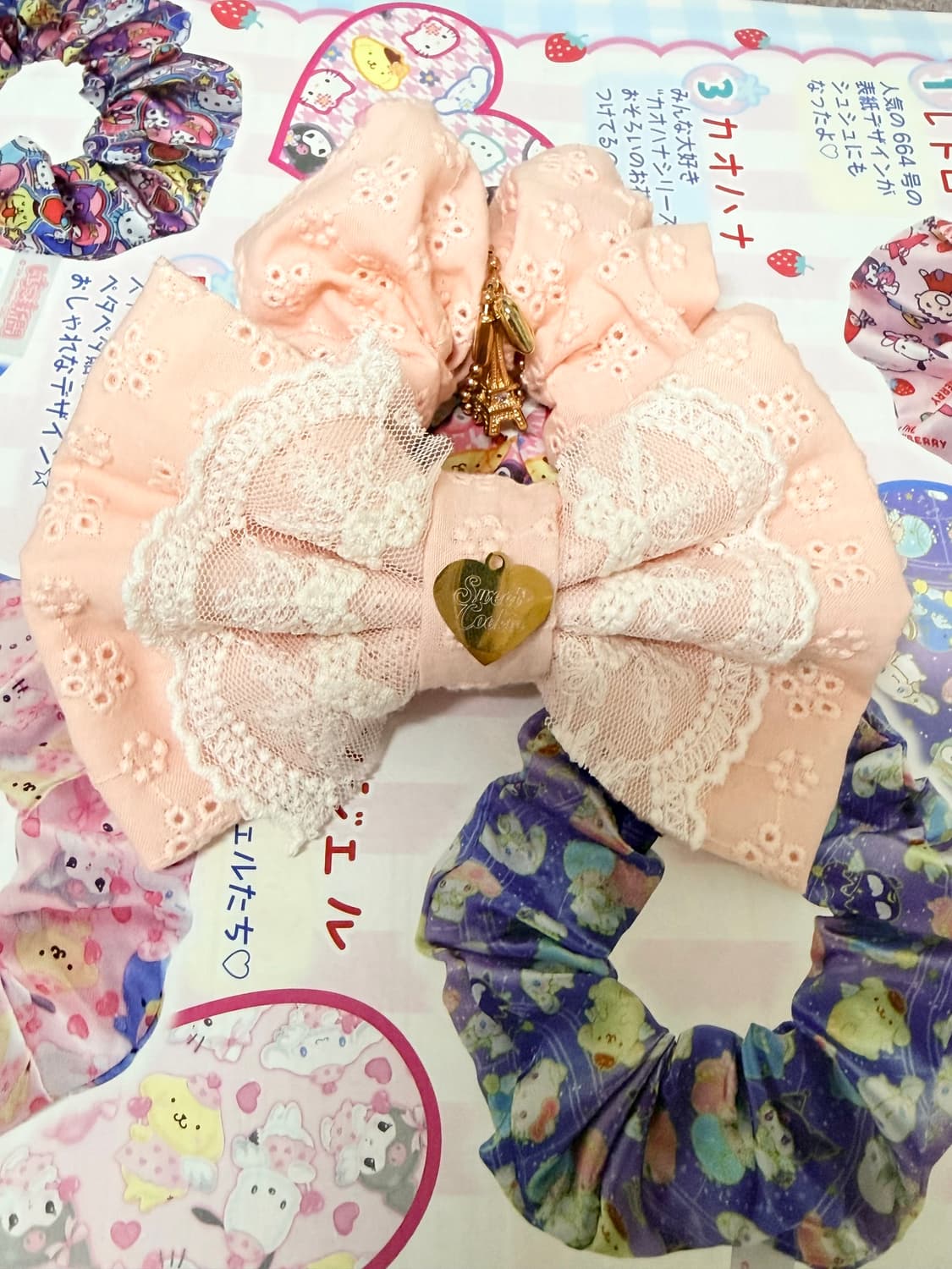 스쿠쿠 히메갸루 히메카지 피치 코랄 펀칭 리본 헤어 슈슈 헤어끈 갸루 상품이미지1