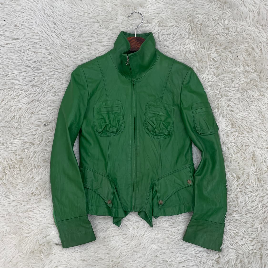 Y2K 하이넥 그린 리얼 레더 셔링 레더 자켓 상품이미지7