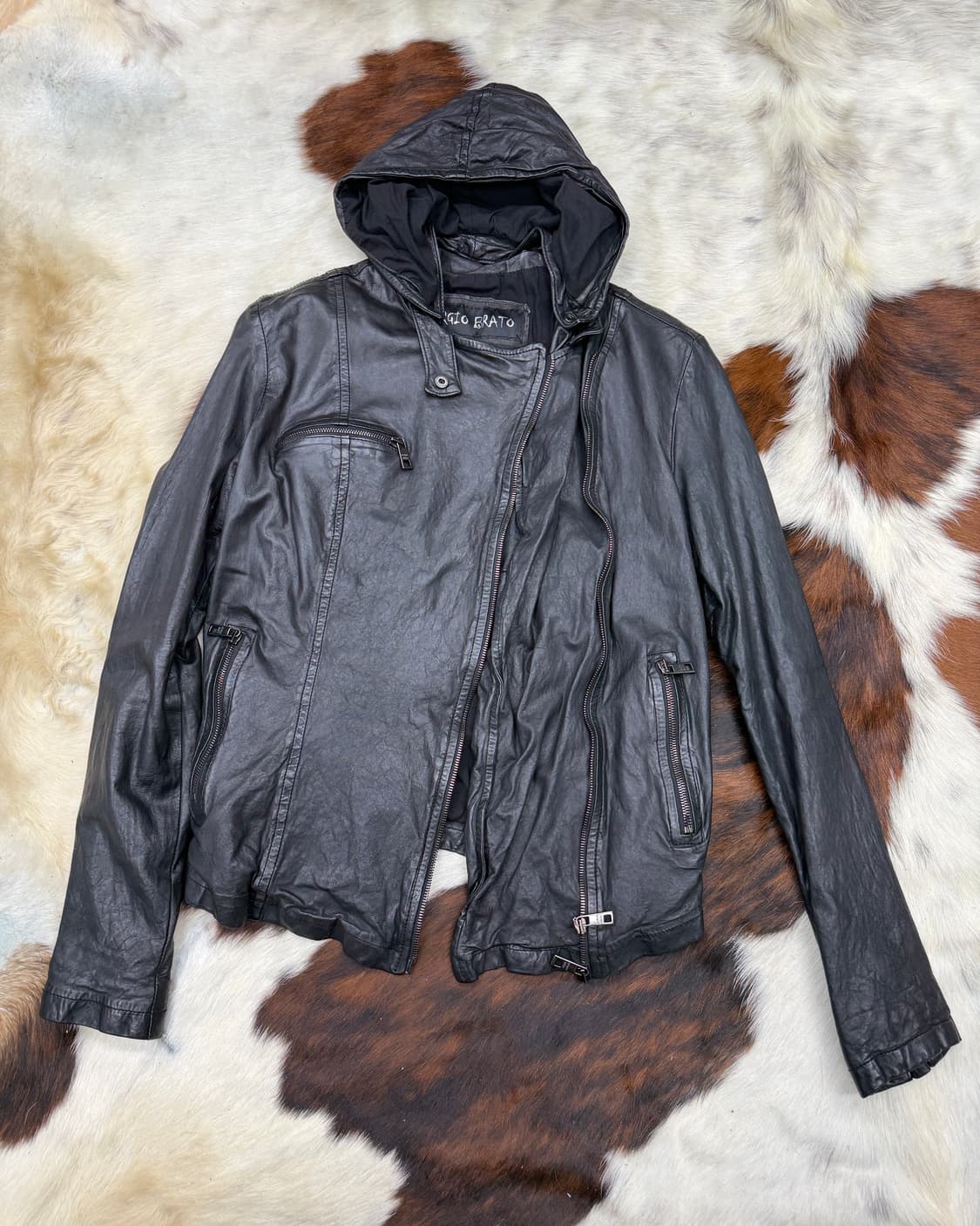 조르지오 브라토 램레더 후드 사선 바이커 자켓 상품이미지3