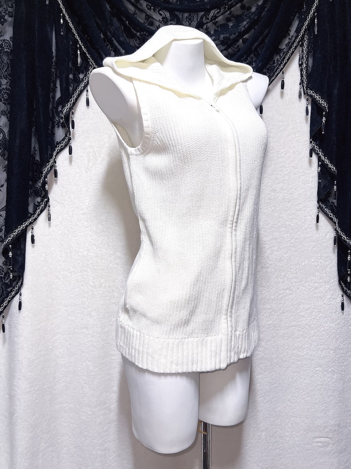 pendora 화이트 니트 후드조끼 집업 베스트 달천깔 갸루 펑크 y2k 상품이미지2