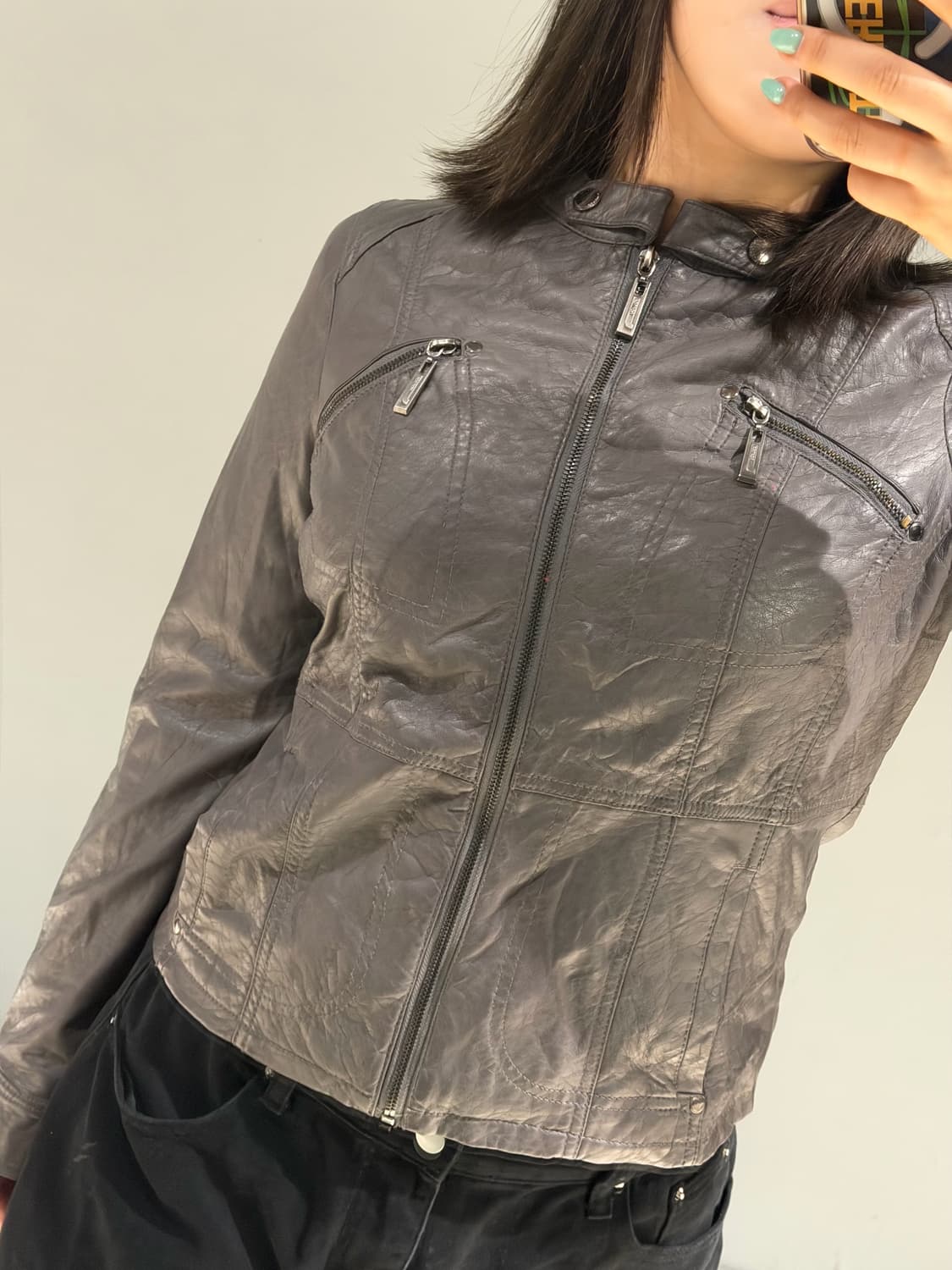 neck snap detail leather jacket 상품이미지3