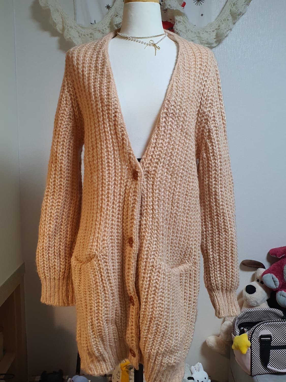 [빈티지] 루즈핏 롱 니트 가디건 피치핑크 뜨개가디건 상품이미지1