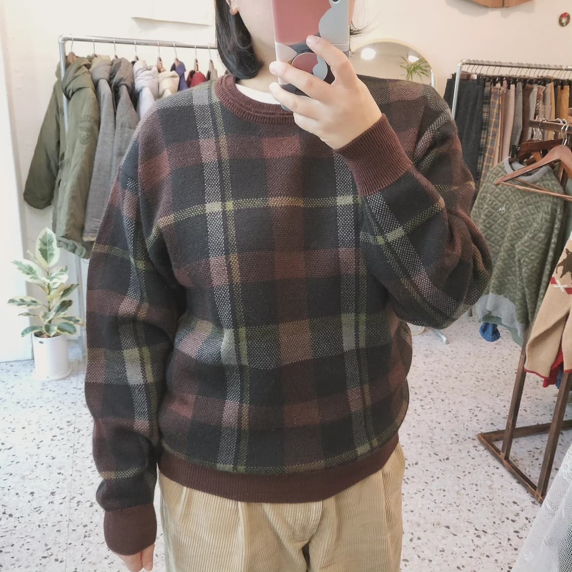 Cross keys 브라운 체크 울100 니트 상품이미지2