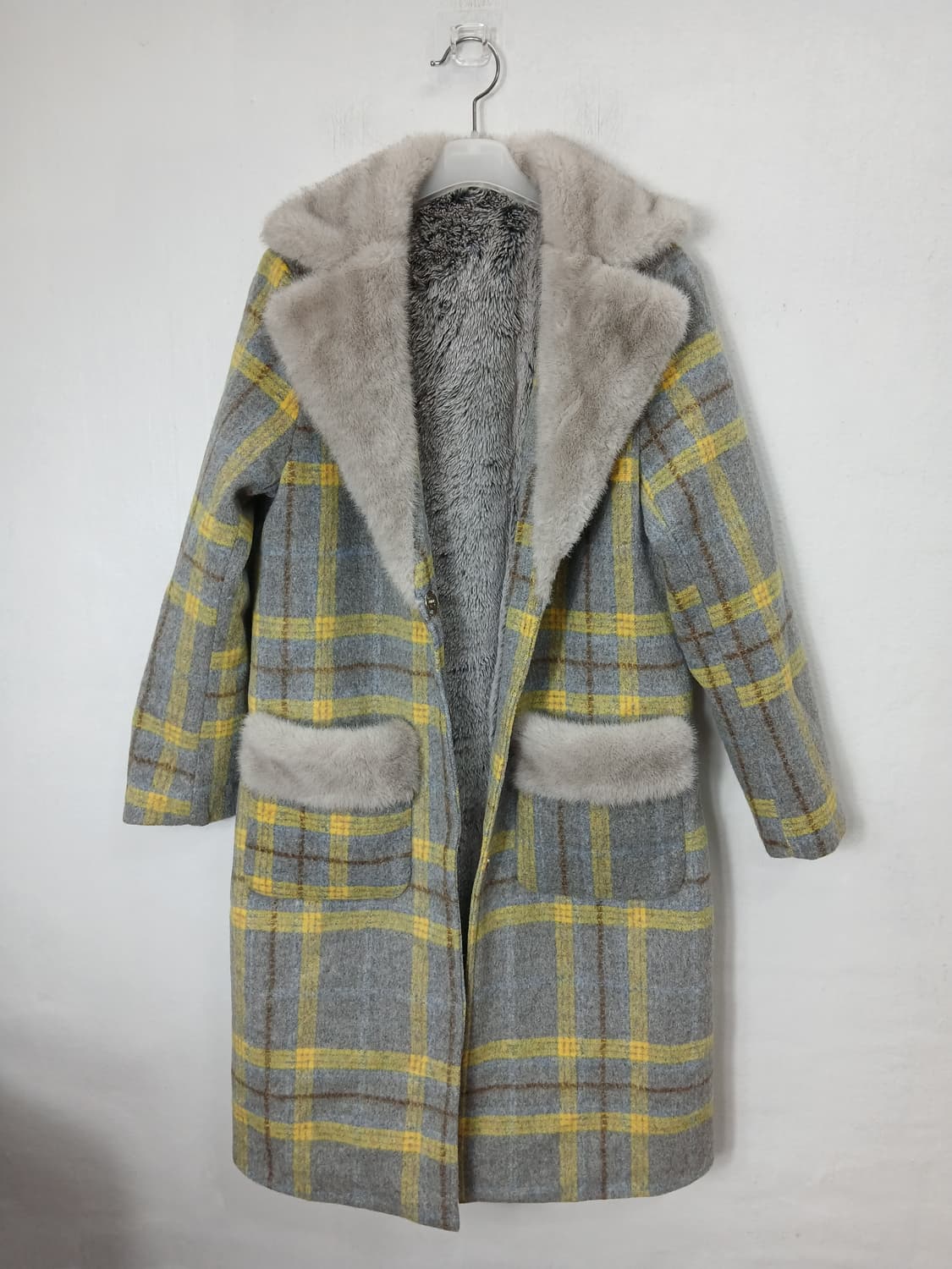 그레이옐로우 체크모직 밍크퍼 롱 코트 90 S 새제품 상품이미지1