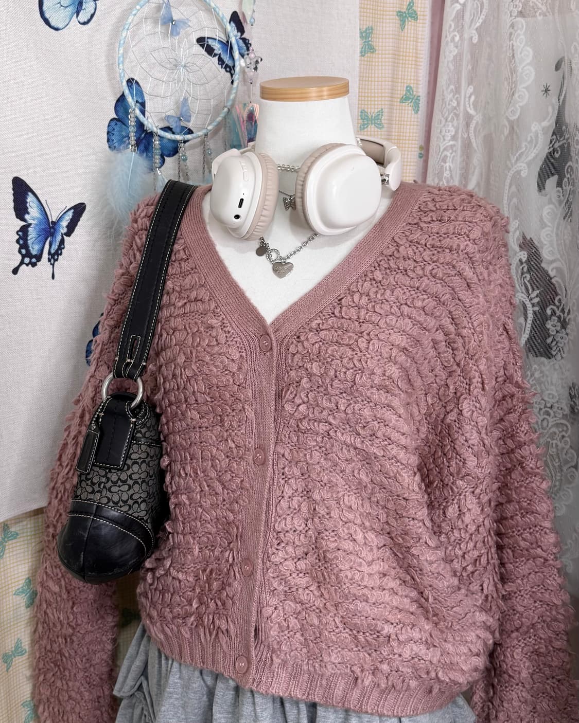 핑크 뽀글이 니트 가디건 상품이미지3