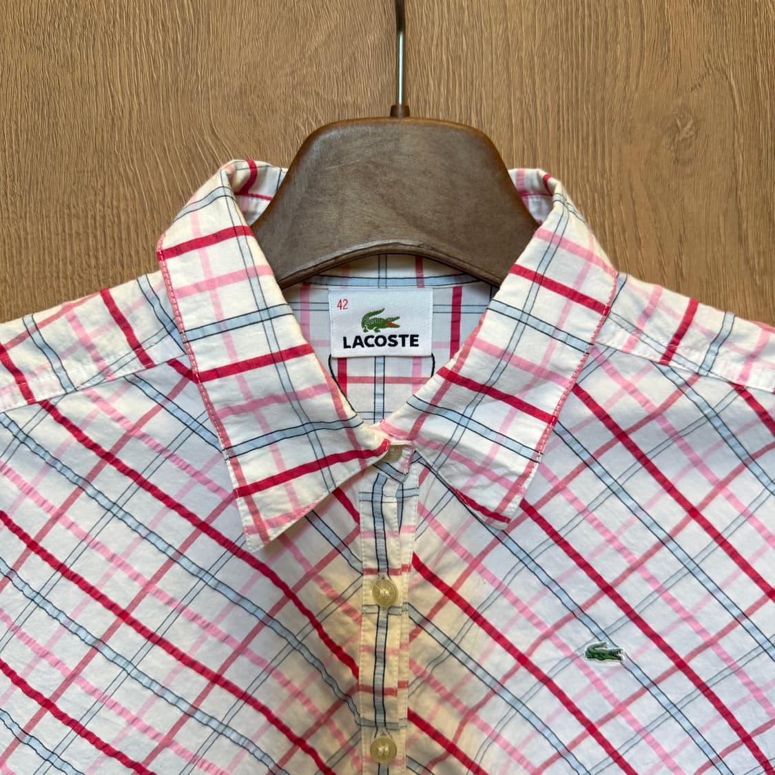 라코스테 체크 셔츠 7부 소매 하프 버튼업 디테일 슬림핏 핑크 상품이미지5