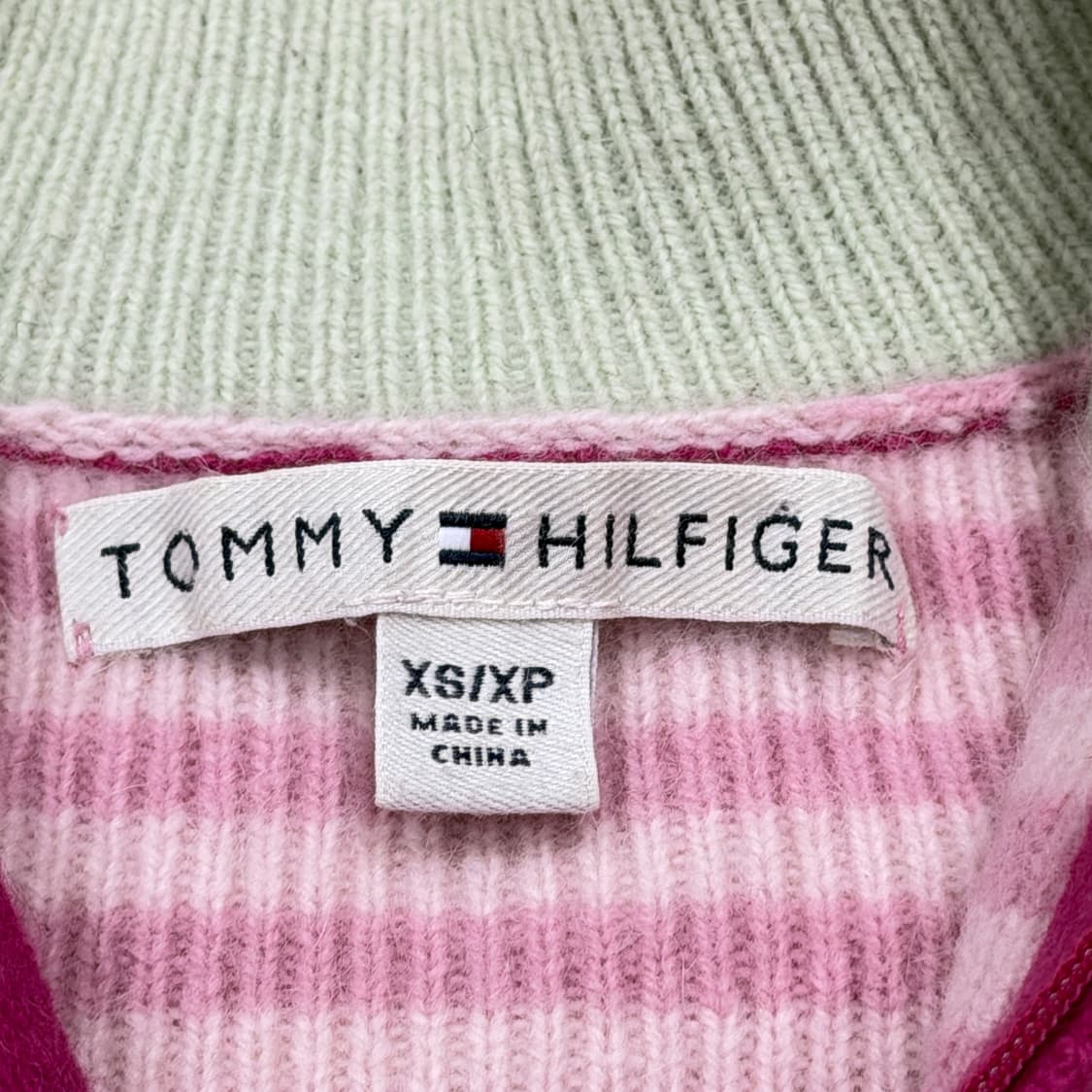 타미힐피거 빈티지 딱붙핏 스트라이프 핑크 울 니트 하프집업 XS 상품이미지4