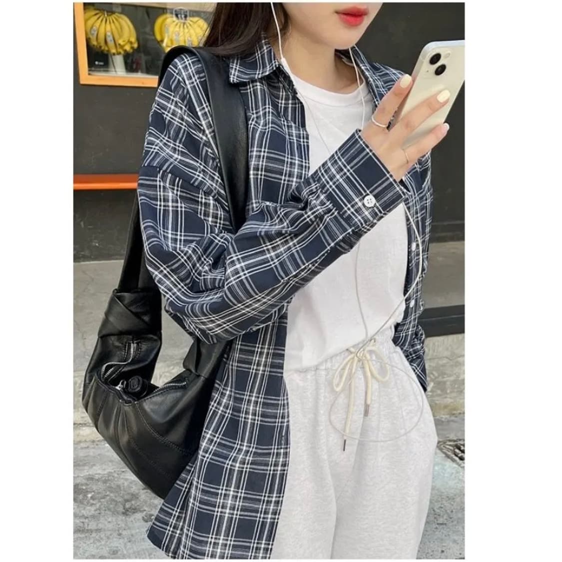 루즈핏 여름 긴팔 긴소매 체크 셔츠 네이비 상품이미지1