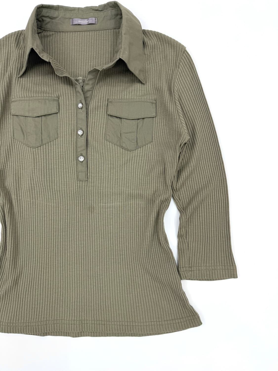 빈티지 associer 카키 포켓 라인 하프단추 긴팔티 상품이미지2