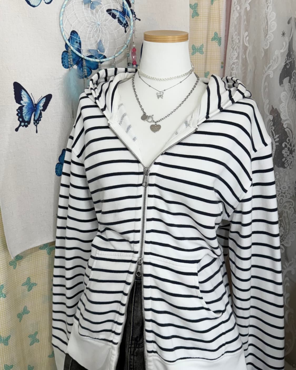 화이트 & 블랙 스트라이프 투웨이 후드 집업 상품이미지8