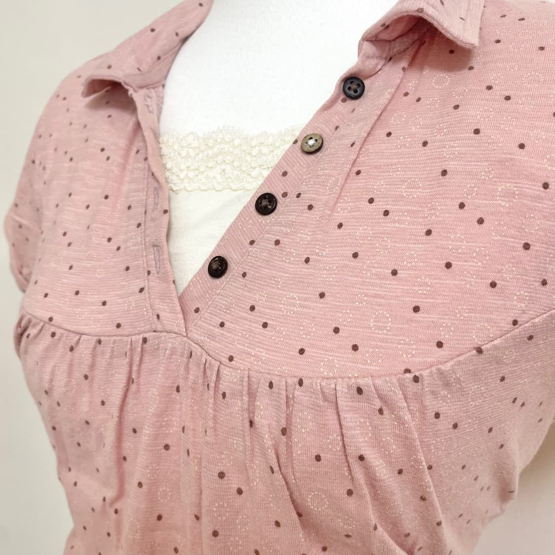 일본빈티지 너드 모리깔 핑크 도트 레어이드탑 러블리히메 도트탑 도트반팔 상품이미지4