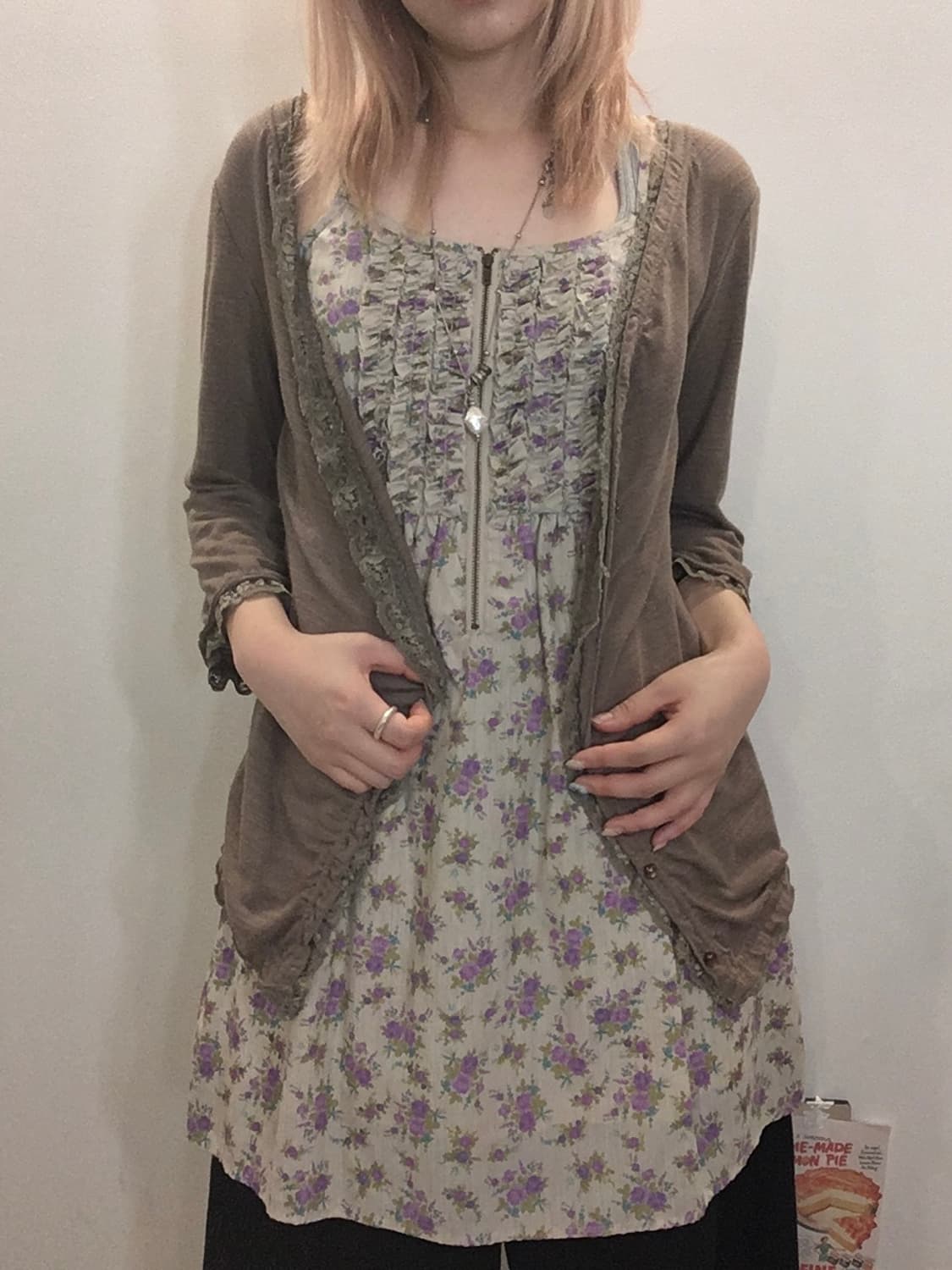 jpn vintage 브라운 레이스 셔링 가디건 상품이미지1
