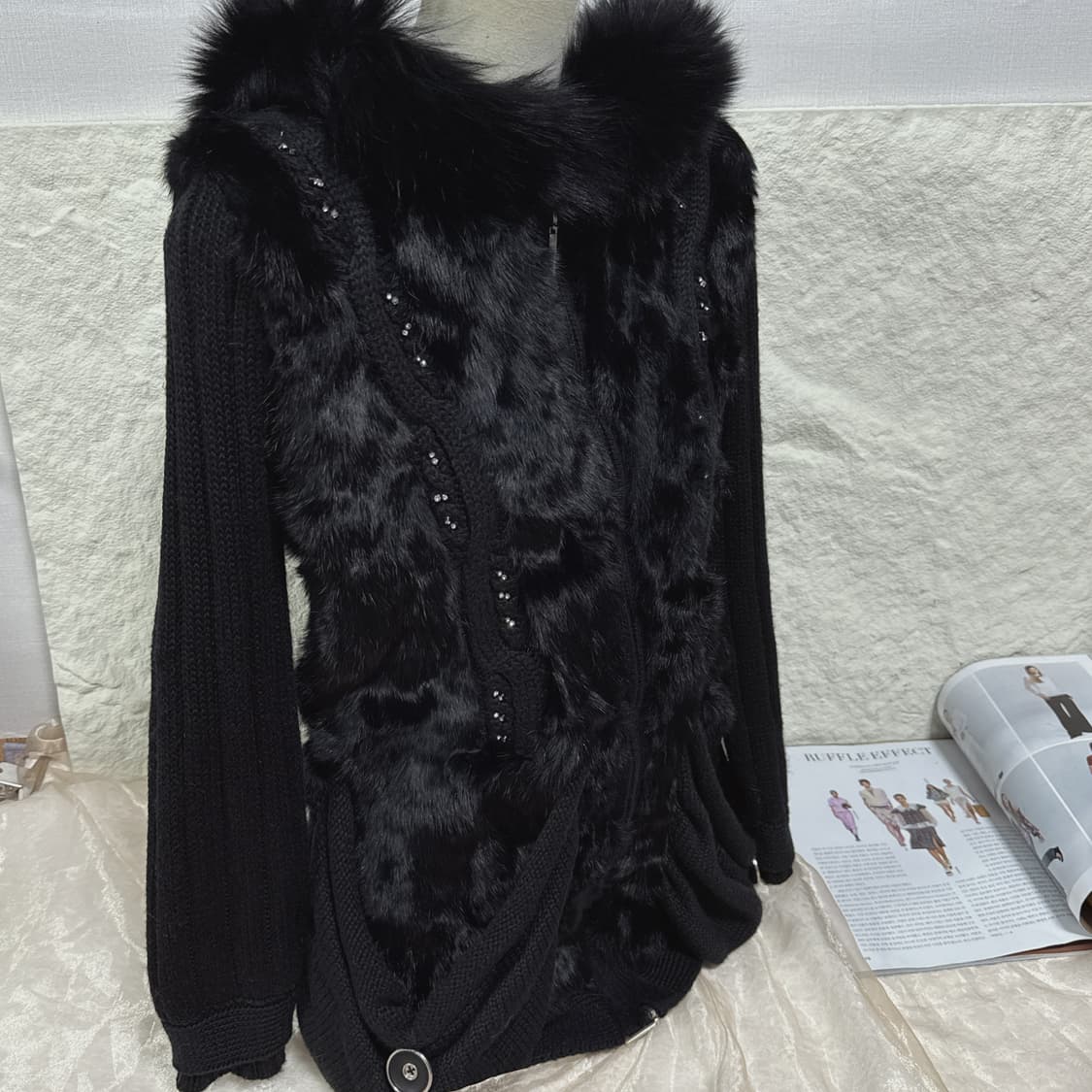 빈티지 고딕 폭스퍼 후드 양두지퍼 토끼털 큐빅 단추 니트자켓 후드집업 상품이미지2