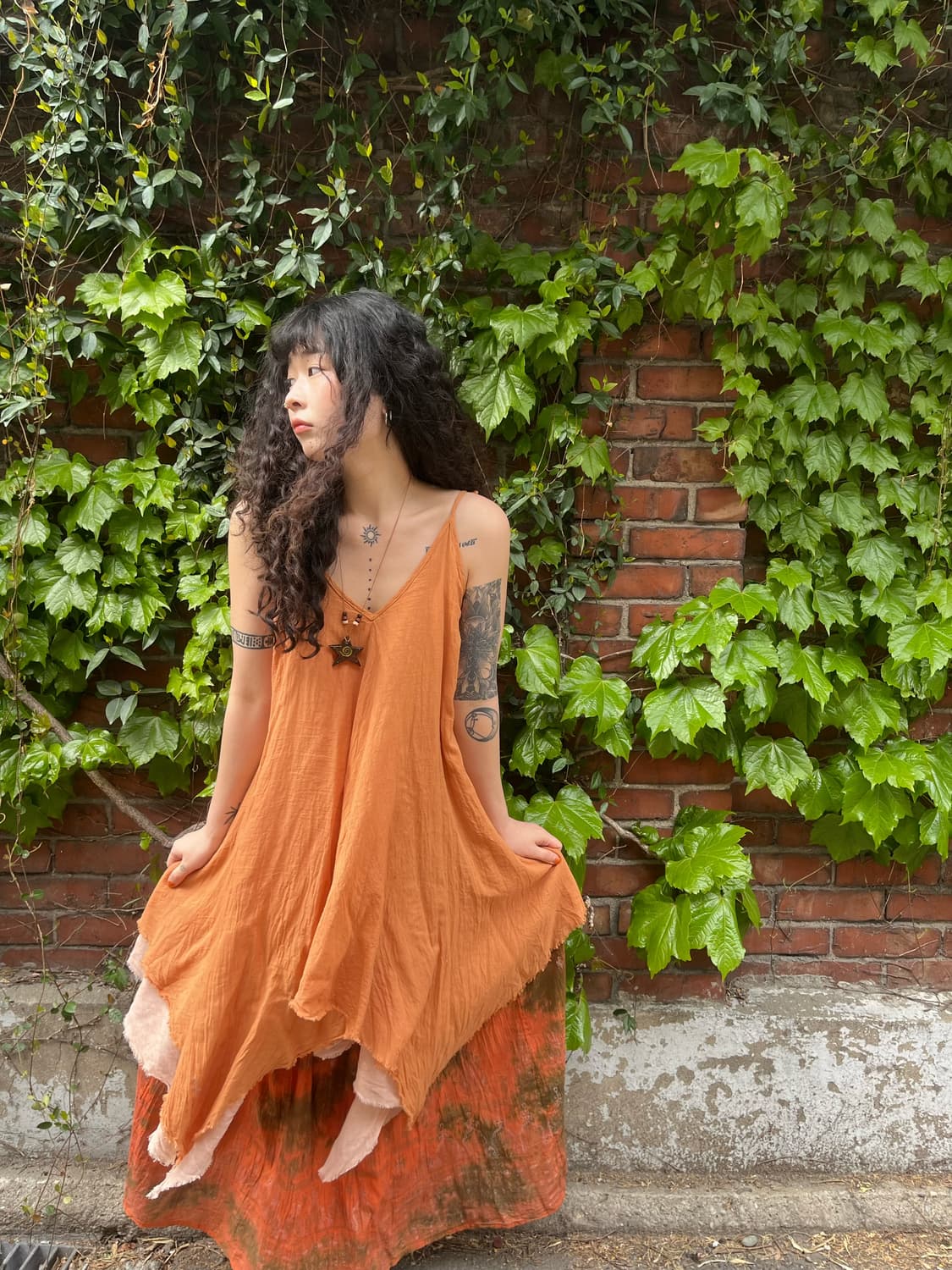 히피 오렌지 코랄 언발 레이어드 원피스 상품이미지2