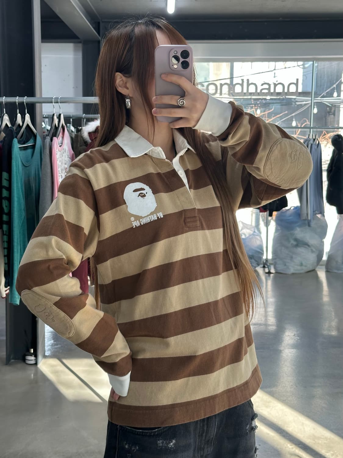 베이프 패치사루 스트라이프 럭비셔츠 롱슬리브 상품이미지1