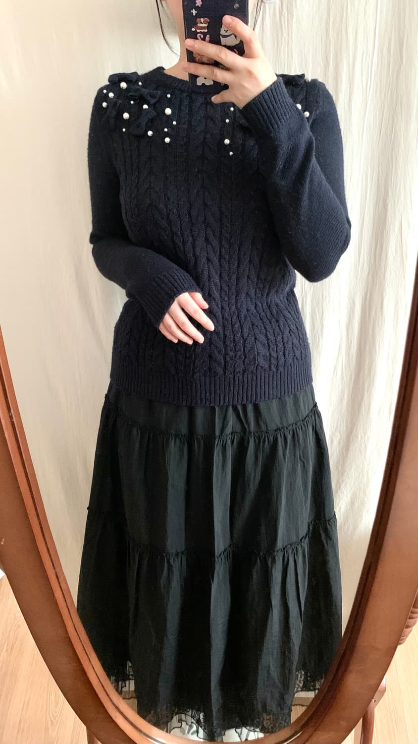 네이비 진주 리본 니트 상품이미지3