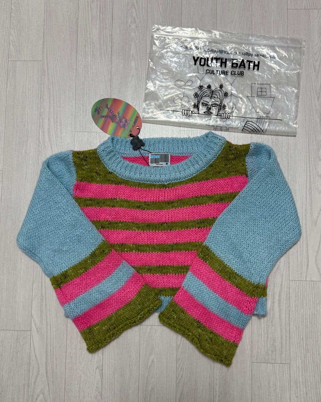 유쓰배쓰 컬러 스트라이프 크롭 니트 핑크 상품이미지1