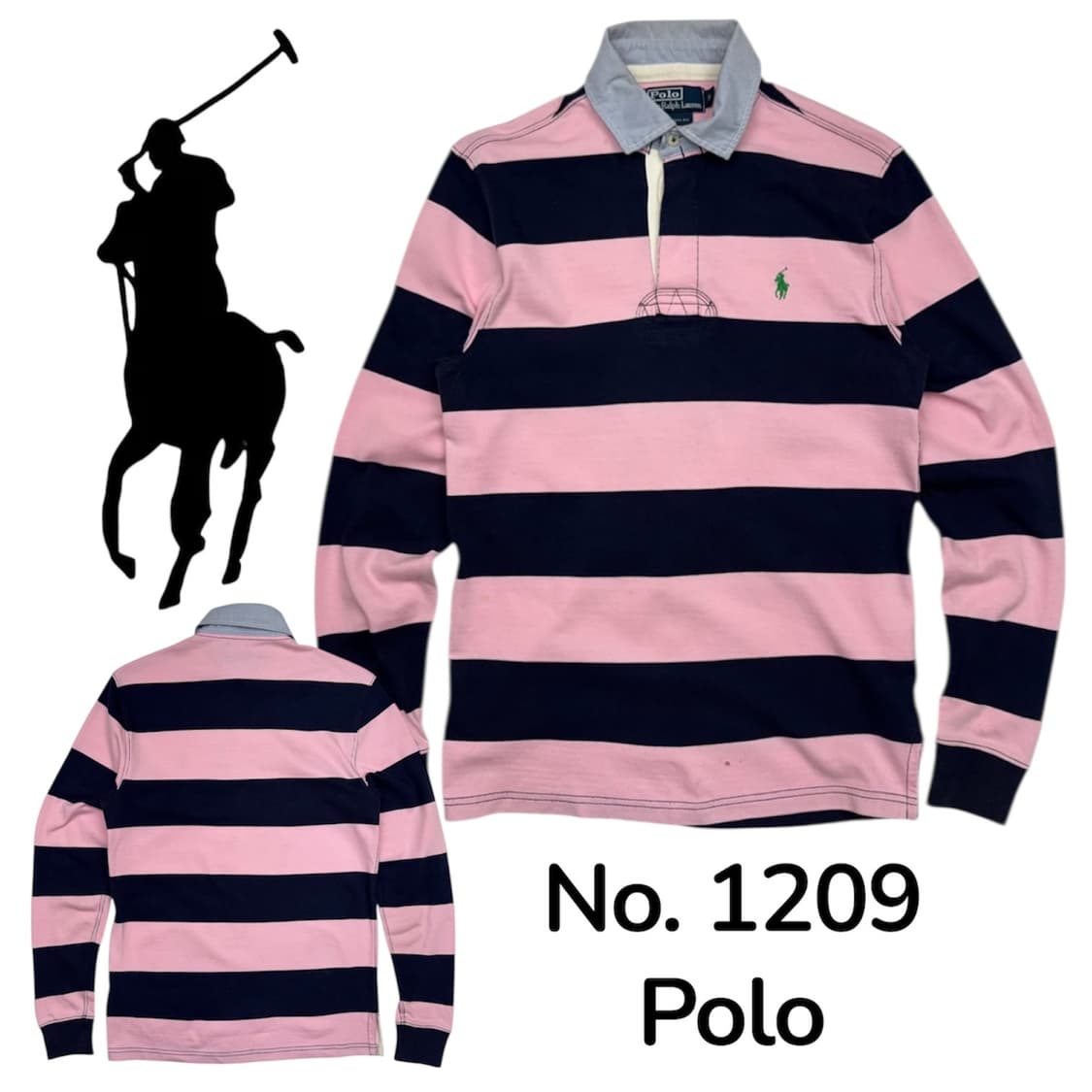90s 두산 폴로 랄프로렌 핑크 네이비 스트라이프 럭비티 S 상품이미지1