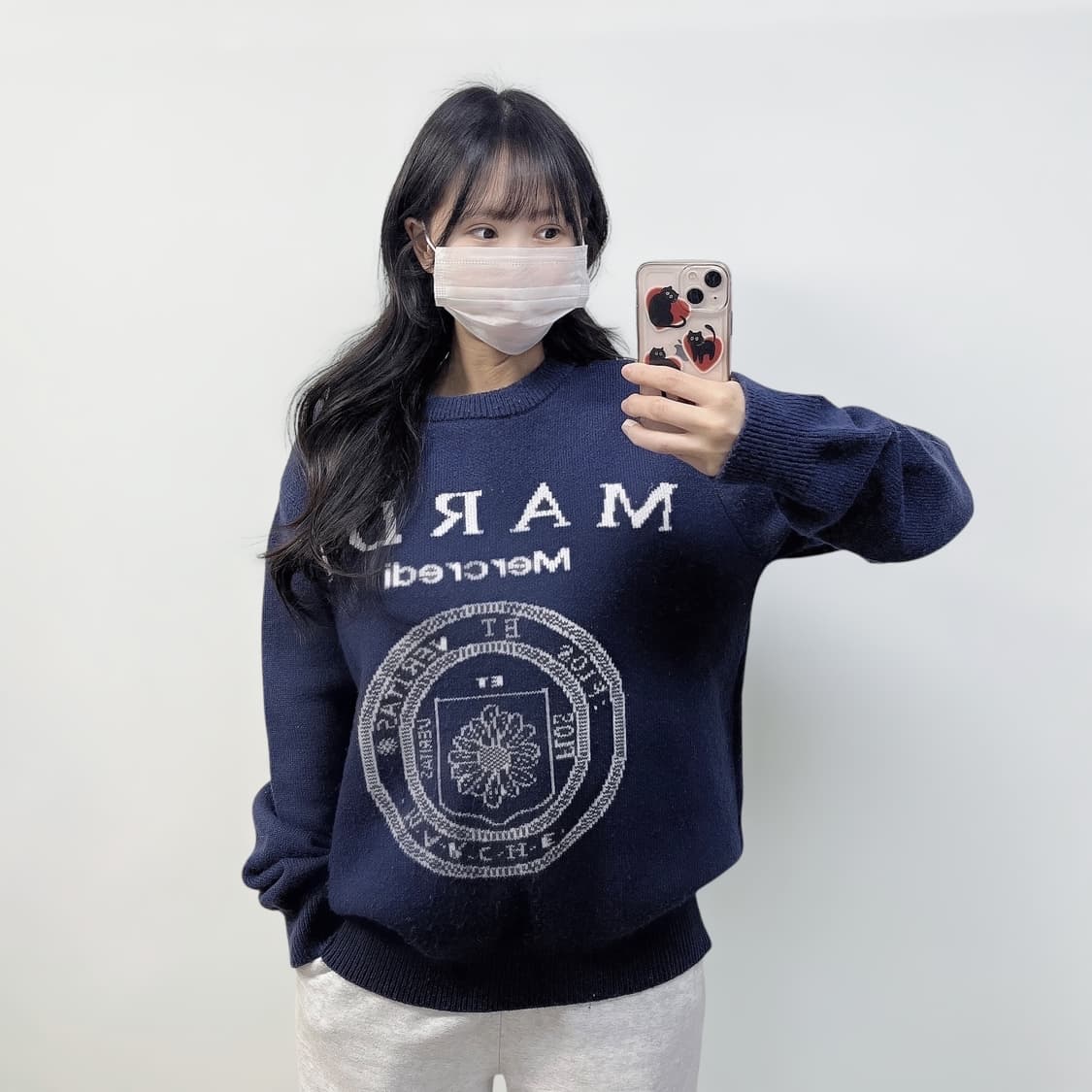 마르디메크르디 플라워 라운드 니트 네이비 상품이미지1