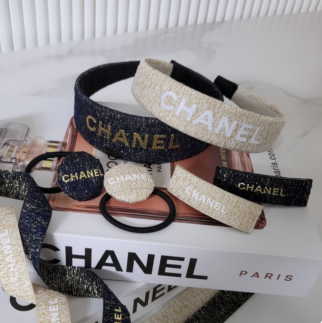 샤넬리본 업사이클링 헤어띠,헤어핀,헤어끈세트 상품이미지1