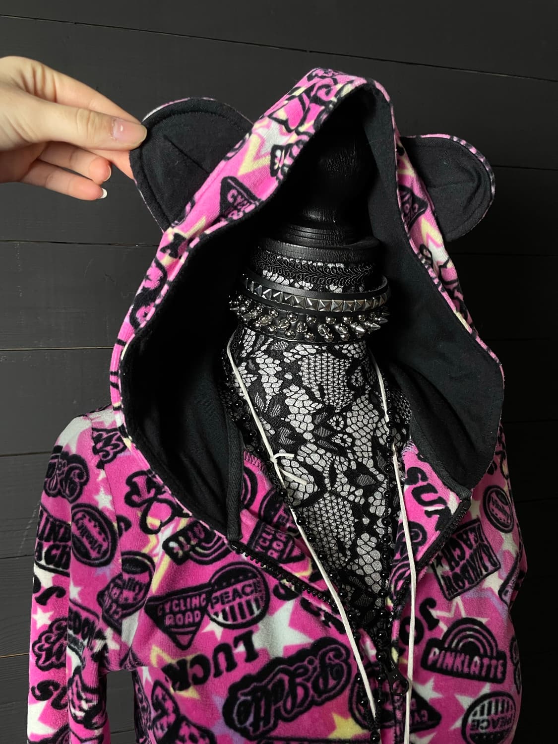 JPN 갸루 펑크 핑크 스타 별 패턴 레터링 쿠마 곰 후드집업 상품이미지4