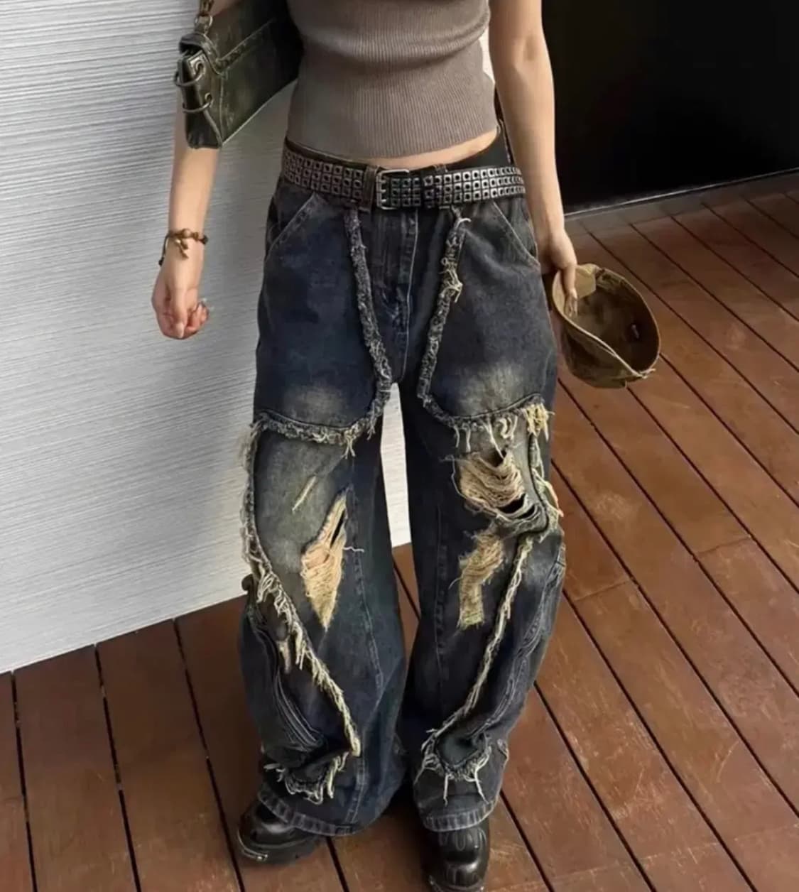 디스트로이드 데미지 워싱 와이드 데님 팬츠 y2k 빈티지 펑크  상품이미지1