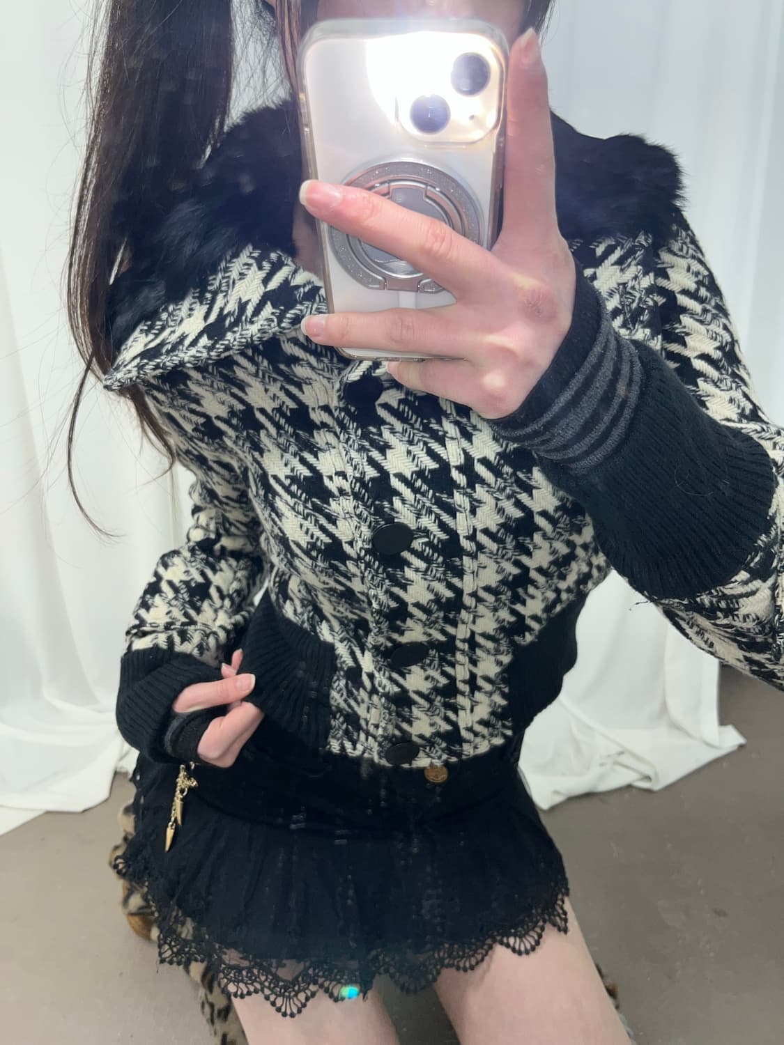 체크 카라 래빗퍼 숏코트 자켓 상품이미지7