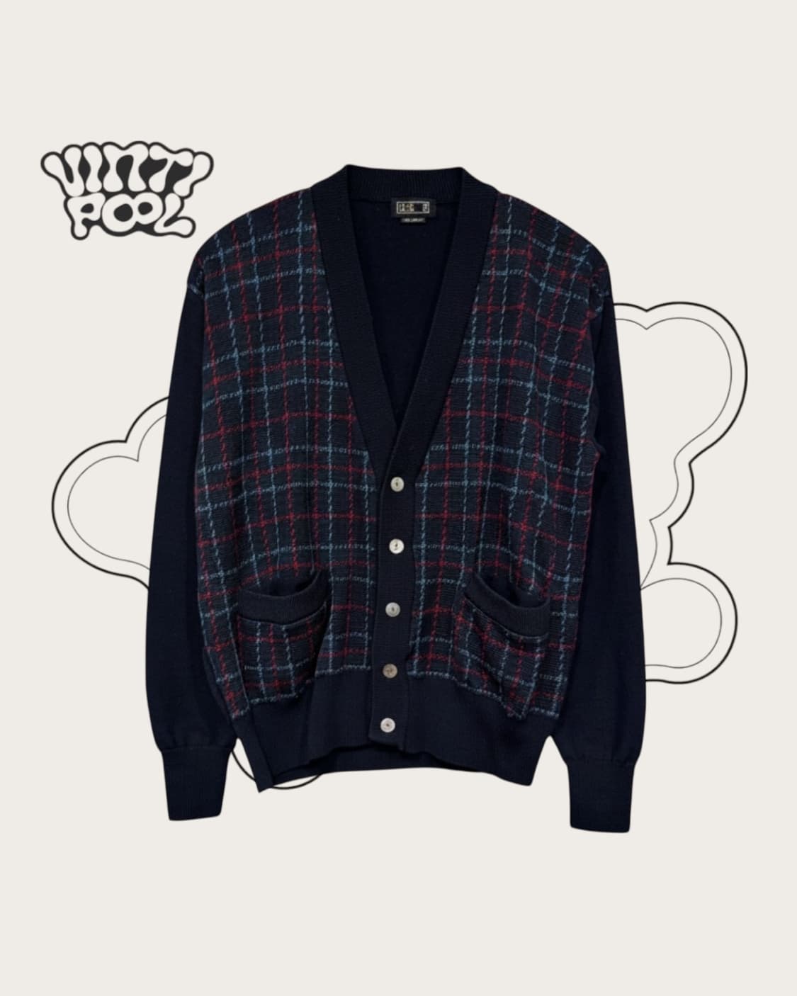 DAKS 닥스 빈티지 브이넥 체크 패턴 울 가디건 L 네이비 상품이미지1