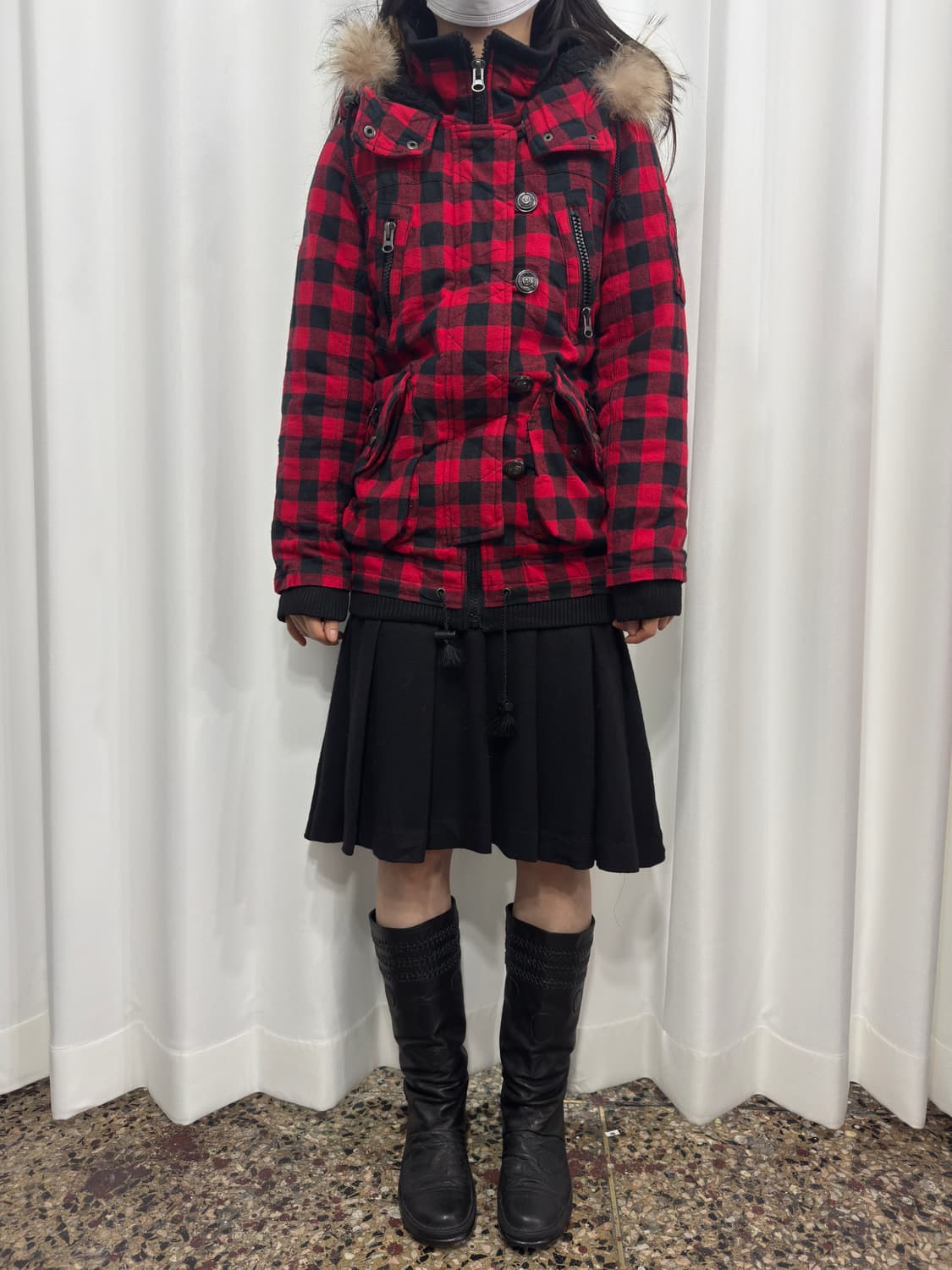 now here red check fur hood jacket 상품이미지8