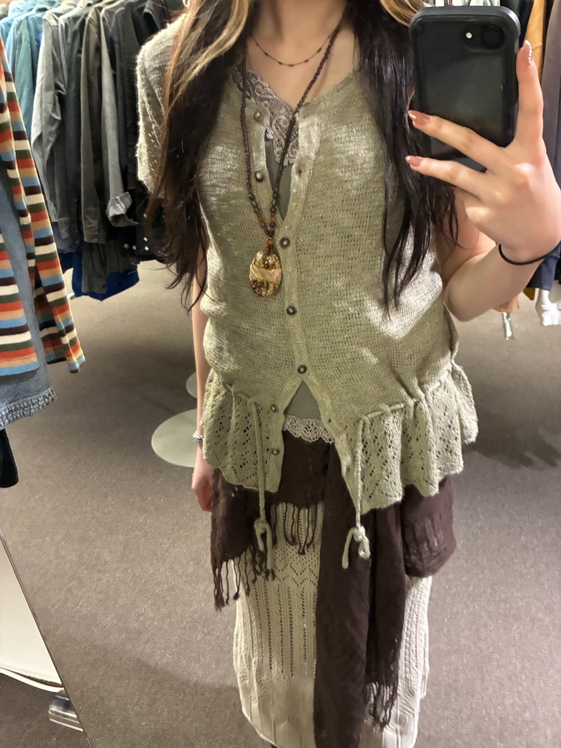 L)Japanese vintage 여성 펀칭 반팔 니트 가디건 상품이미지1