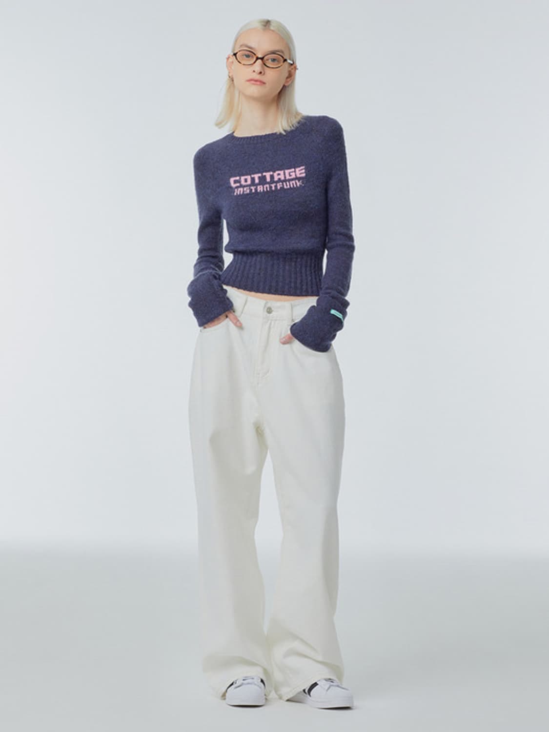 인스턴트펑크 코티지 자카드 크롭 니트 네이비 상품이미지1