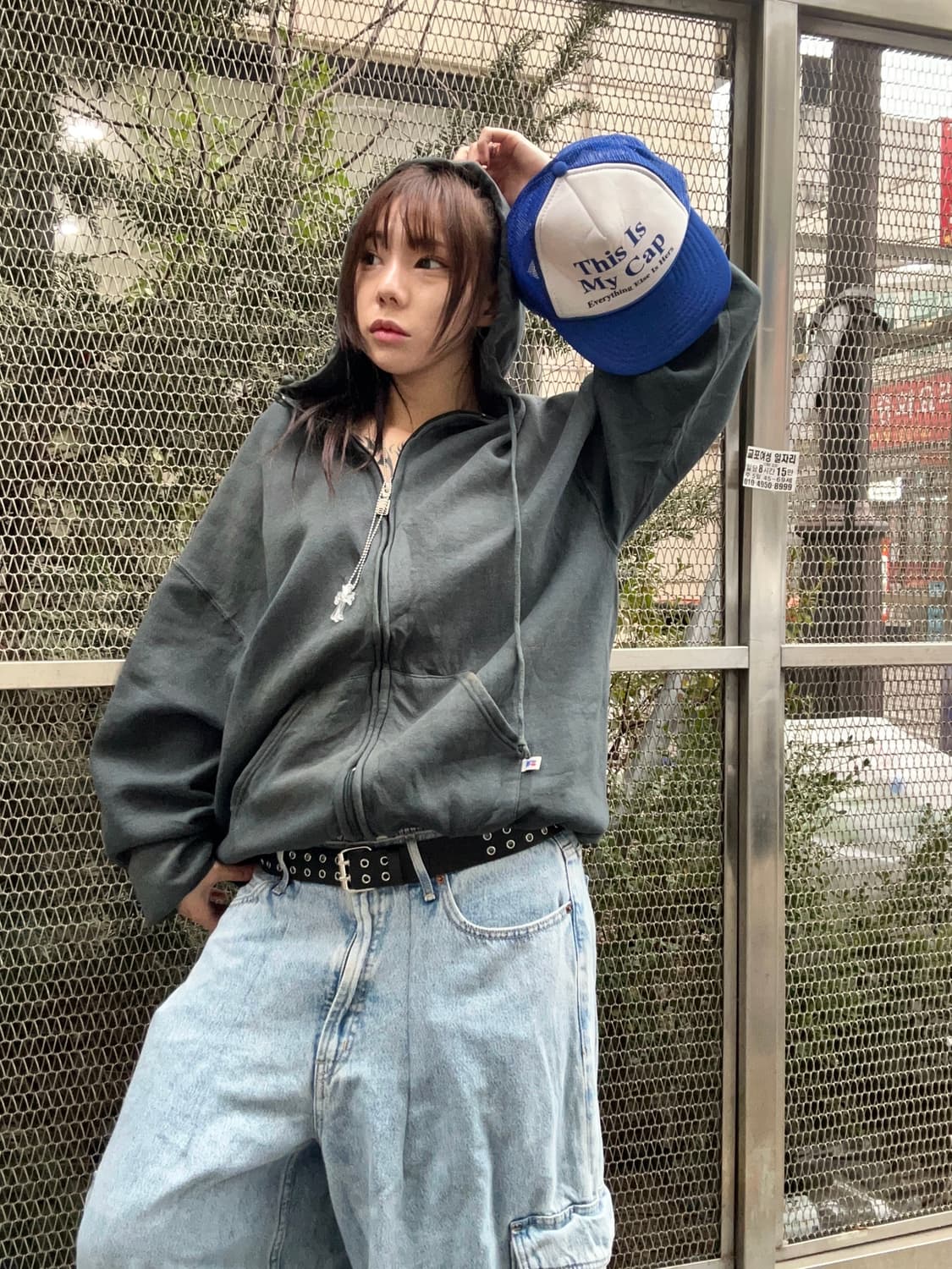 90s RUSSELL 올드스쿨 카키그레이 오버사이즈 후드집업 상품이미지2