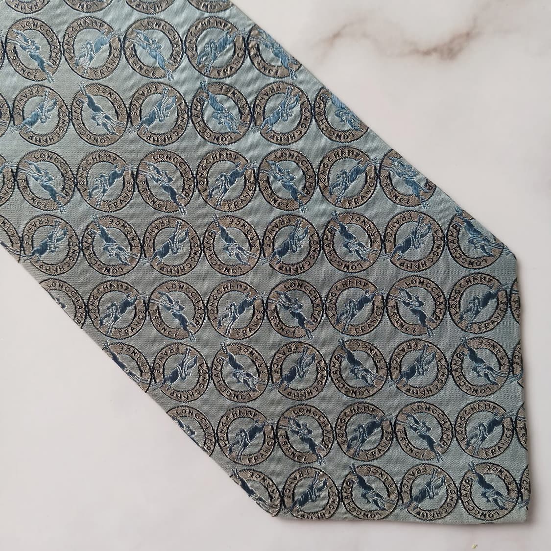 롱샴 실크 민트블루 로고 패턴 넥타이 9.5cm A등급 G20
 상품이미지5