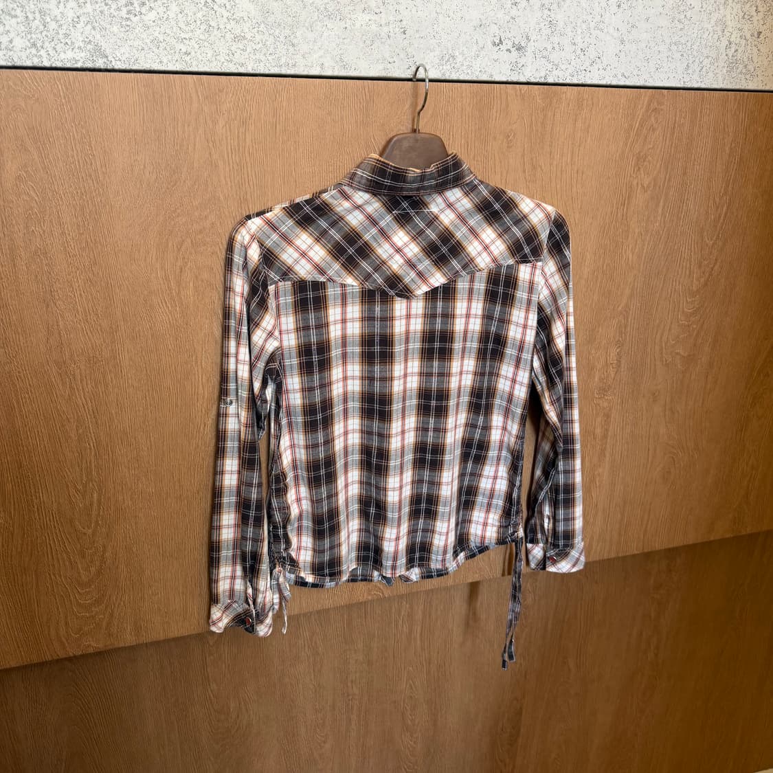 빈티지 롱슬리브 체크 셔츠 사이드 셔링 스트링 디테일 브라운 k71 상품이미지2