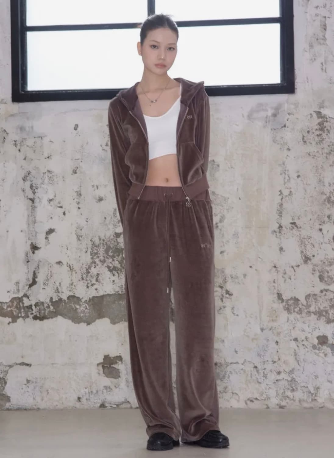 애즈온 코코 벨벳 벨루어 트레이닝 세트 셋업 후드집업 팬츠 브라운 상품이미지1