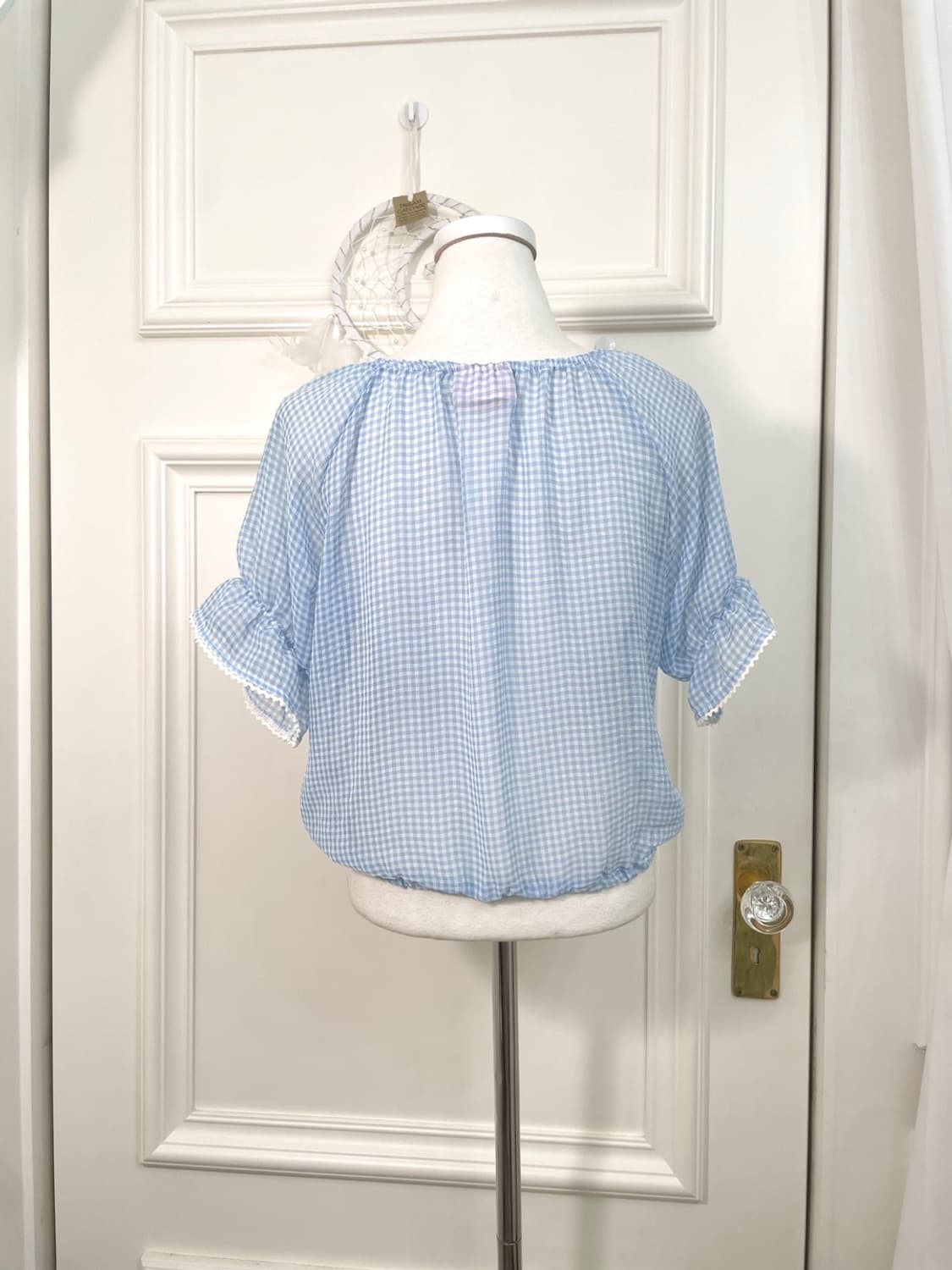 sky blue check shirring chiffon blouse 상품이미지3