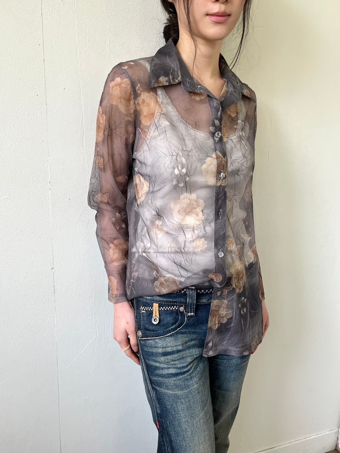 Japan vtg 플라워 시스루 셔츠 상품이미지4