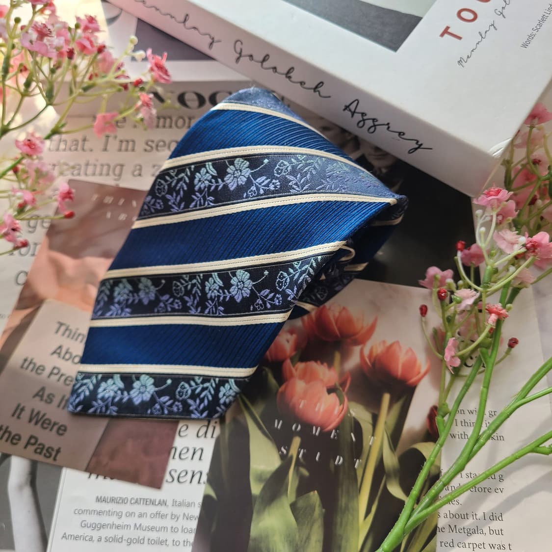 니나리치 실크 스트라이프 플라워 패턴 넥타이 9.4cm A등급 E708 상품이미지1