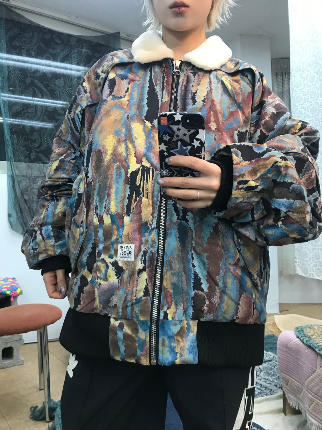 ANTI WAR & PEACE 빈티지 패턴 양털 카라 점퍼 상품이미지5