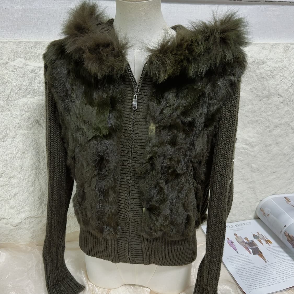 빈티지 말차티  토끼털 후드집업 큐빅 니트자켓 상품이미지1