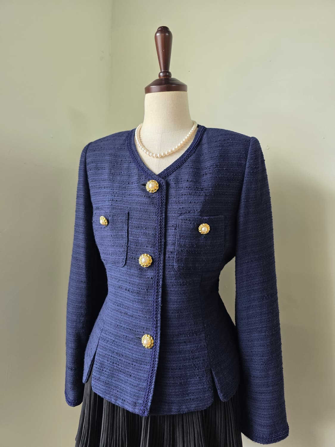 네이비 레이스 테이핑 부클 트위드 원피스 상품이미지2