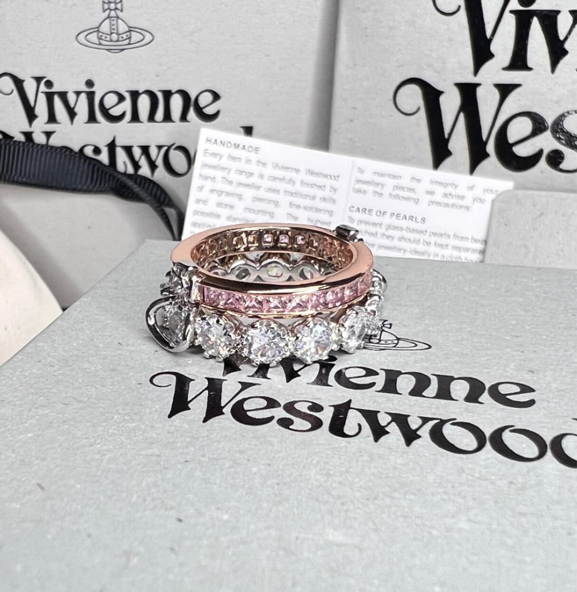 비비안웨스트우드 아카이브 실버 크리스탈 orb 로즈골드 2단 레이어 링 상품이미지2
